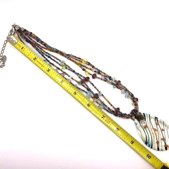 CJ Signed Multistrand Art Glass Necklace – Teardrop Pendant – Boho Statement - Picture 3 of 11